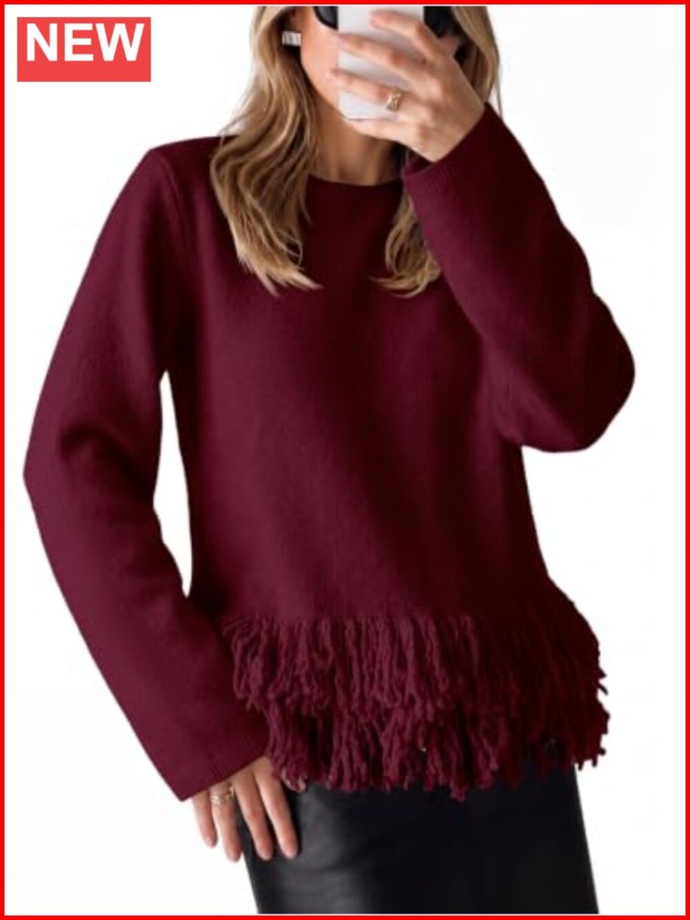 Fringe Sweater Crew Neck Boho Pullover Long Sleeve Knit Women's Top